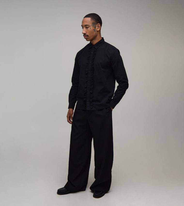 Solid Regular Fit Ruffle Front Shirt