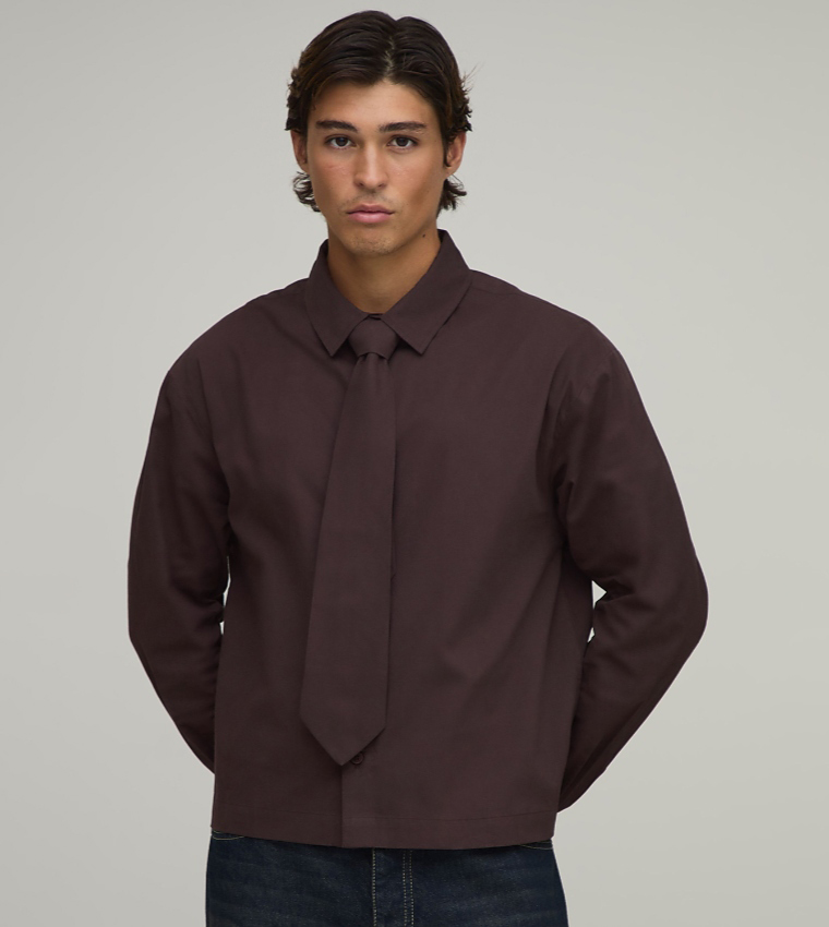 Solid Long Sleeves Oversized Shirt & Tie
