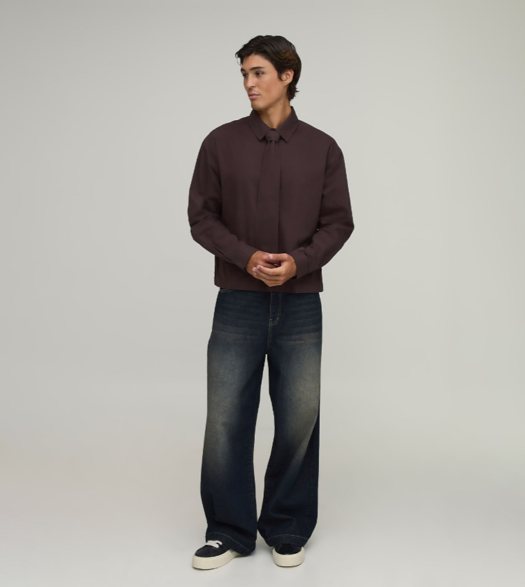 Solid Long Sleeves Oversized Shirt & Tie