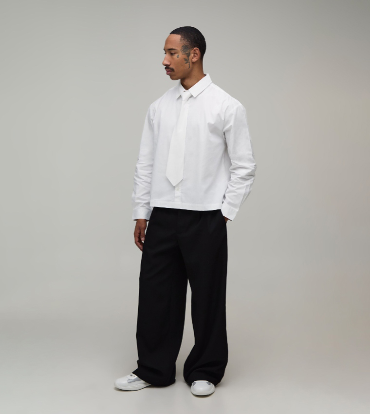 Solid Boxy Long Sleeves Shirt with Tie