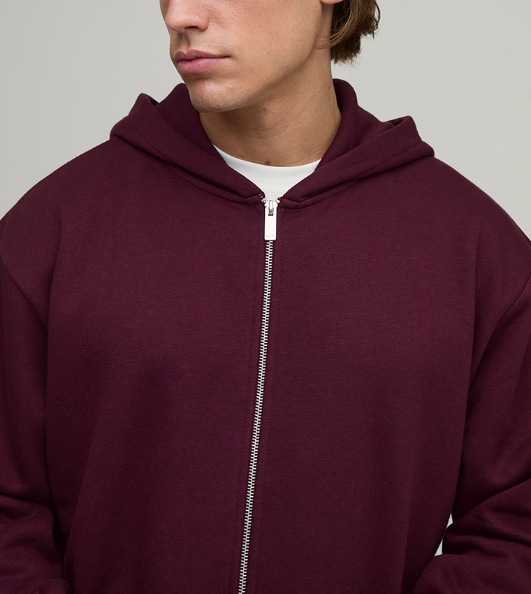 Solid Oversized Zip-Through Hooded Jacket