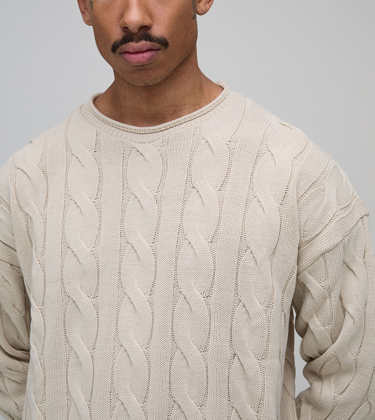 Roll Edge Cable Knit Crew Neck Sweater