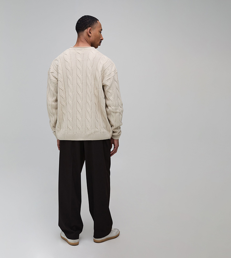 Roll Edge Cable Knit Crew Neck Sweater
