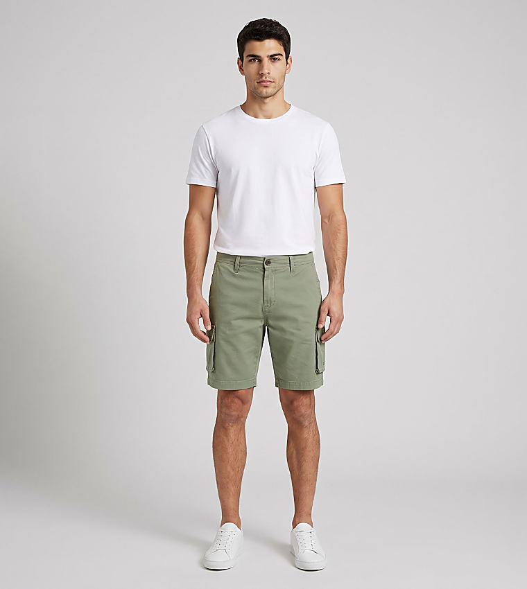 Solid Button Closure Cargo Shorts