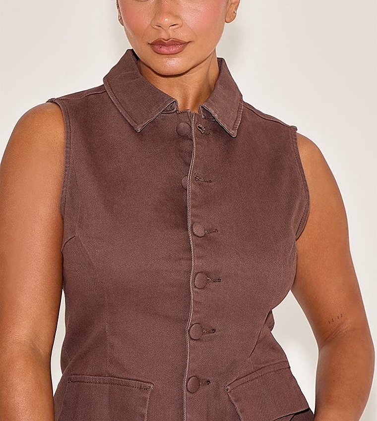 Shape Stretch Denim Button Front Sleeveless Top
