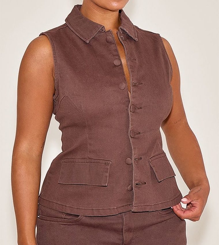 Shape Stretch Denim Button Front Sleeveless Top