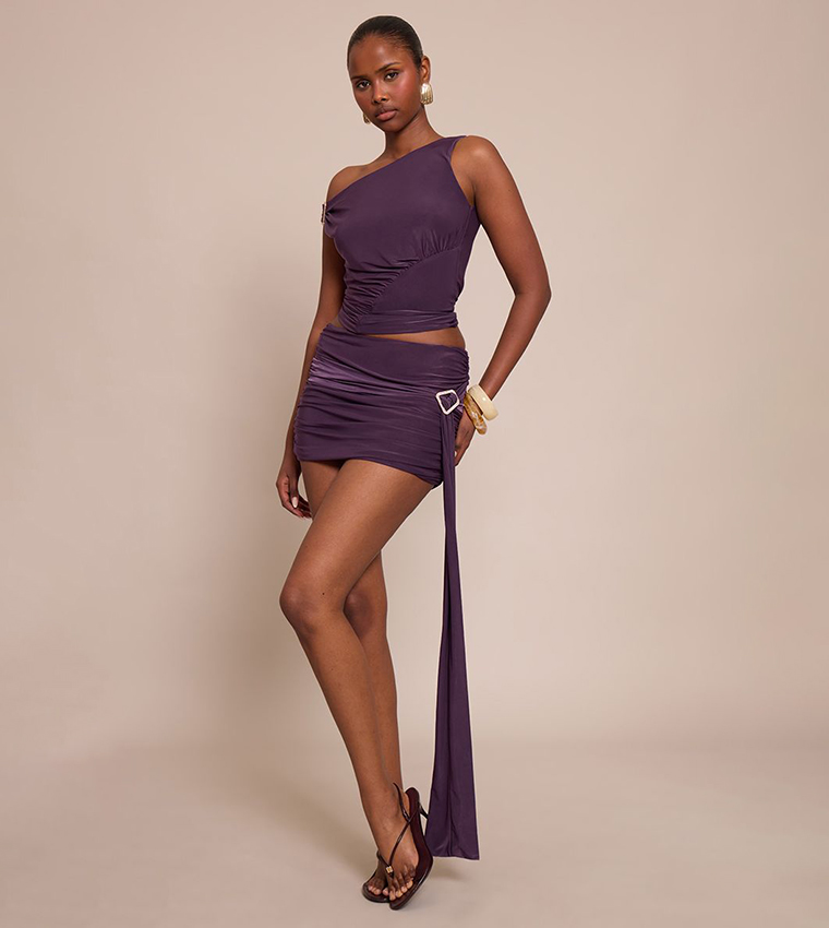 Double Layer Slinky Ruched One Shoulder Top