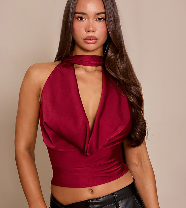 Satin Extreme Cowl Neck Crop Top