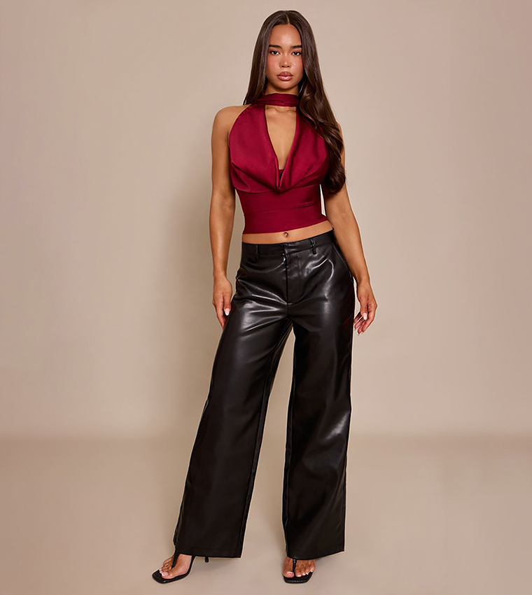 Satin Extreme Cowl Neck Crop Top
