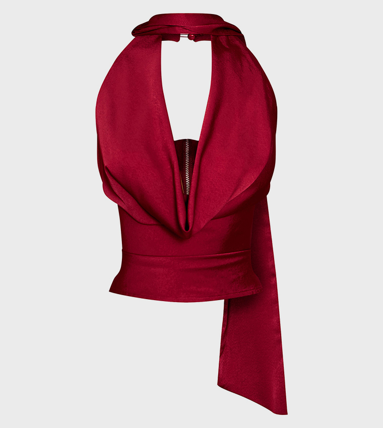 Satin Extreme Cowl Neck Crop Top