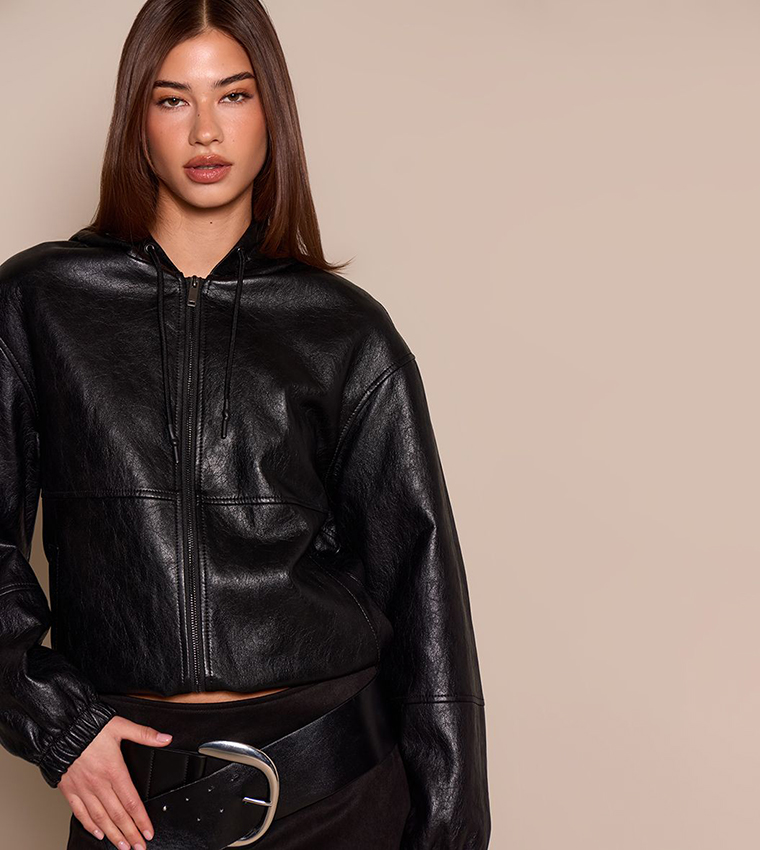 Soft PU Zip Through Hooded Jacket