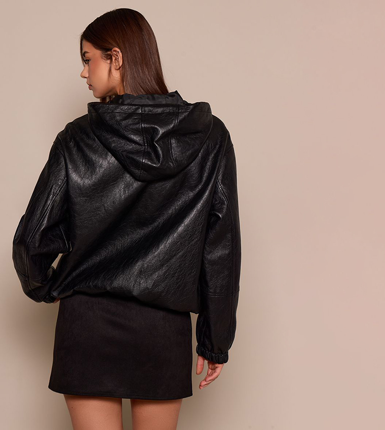 Soft PU Zip Through Hooded Jacket