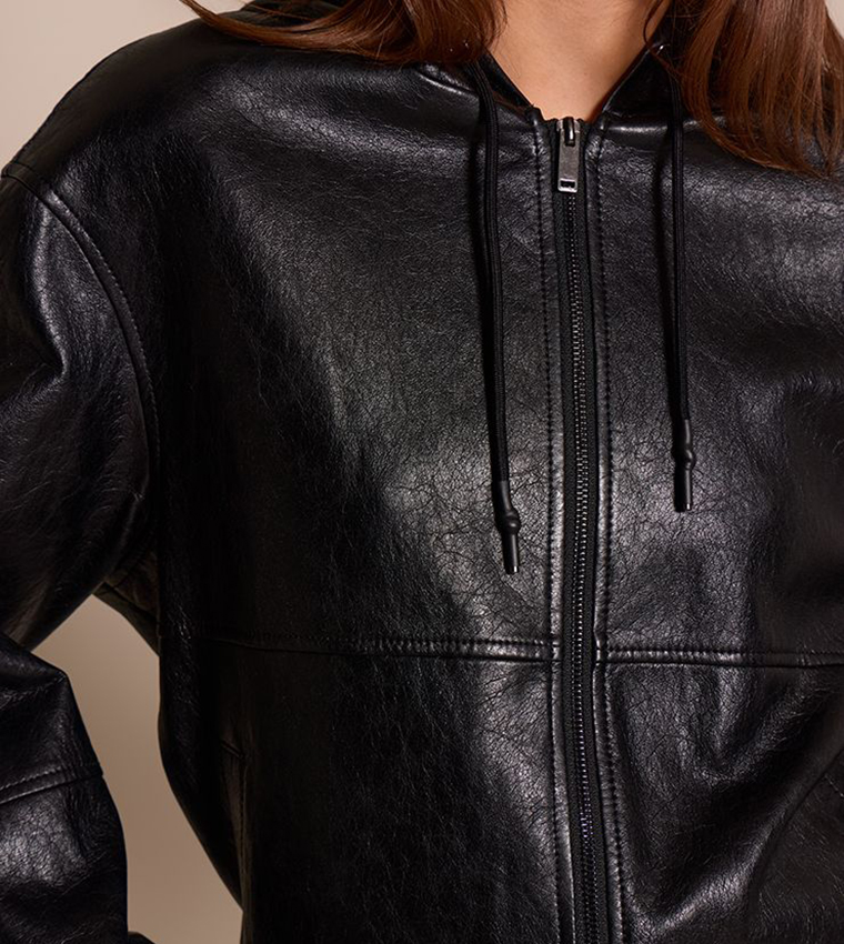 Soft PU Zip Through Hooded Jacket