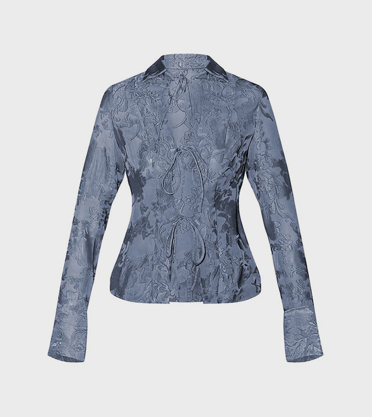 Blue Floral Chiffon Tie Front Shirt
