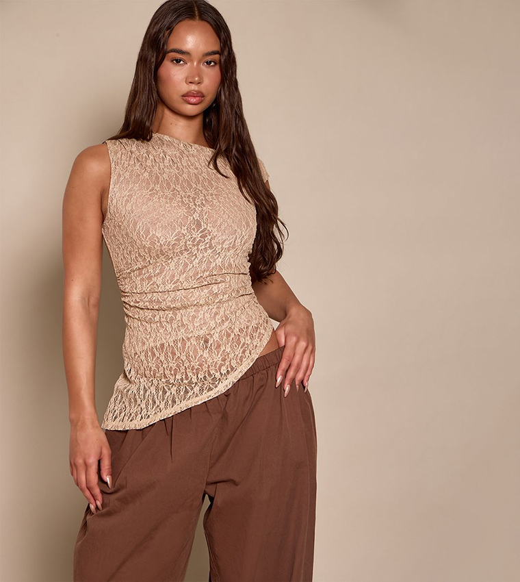Textured Lace Asymmetric Ruched Top