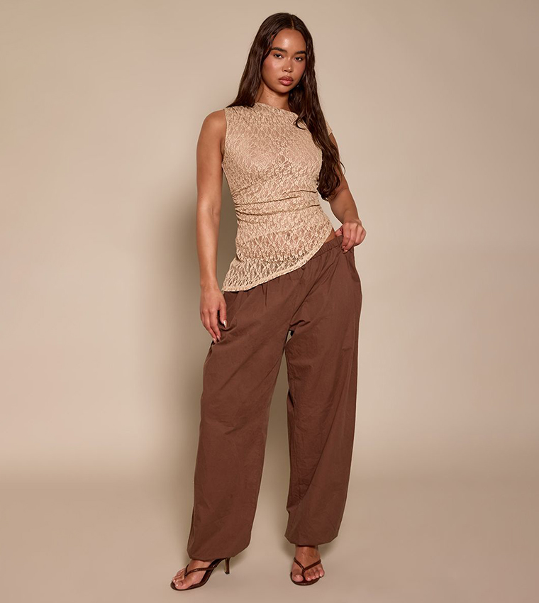 Textured Lace Asymmetric Ruched Top