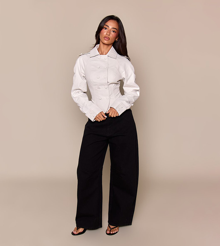 Petite Curved Hem Button Front Collared Trench Coat