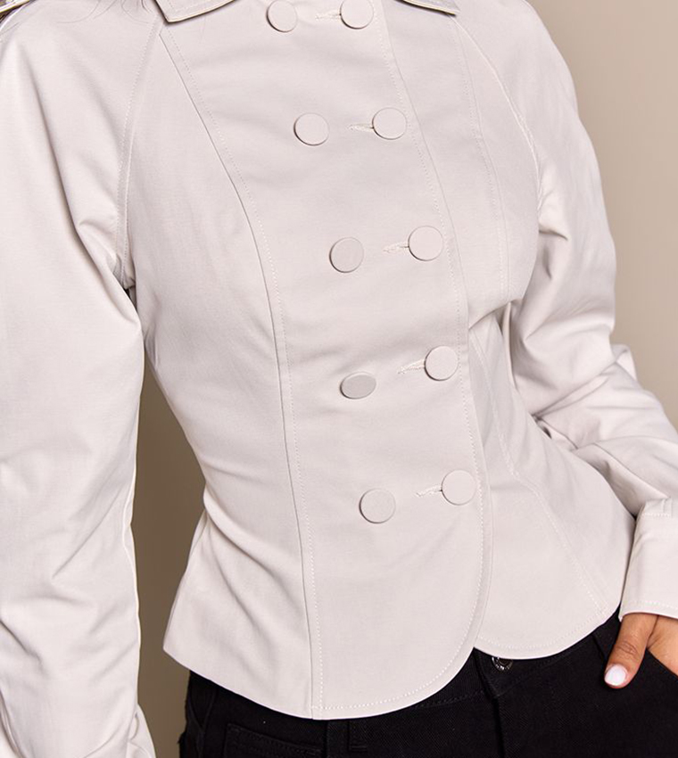 Petite Curved Hem Button Front Collared Trench Coat
