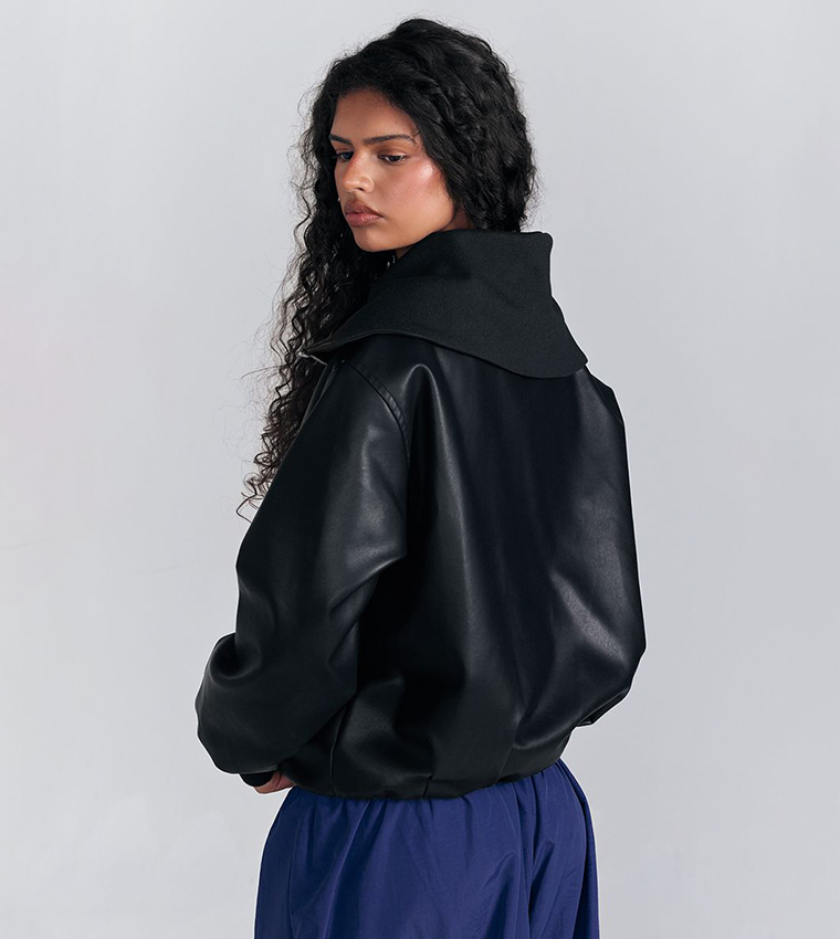 Textured Zip Through Collar Leather Jacket