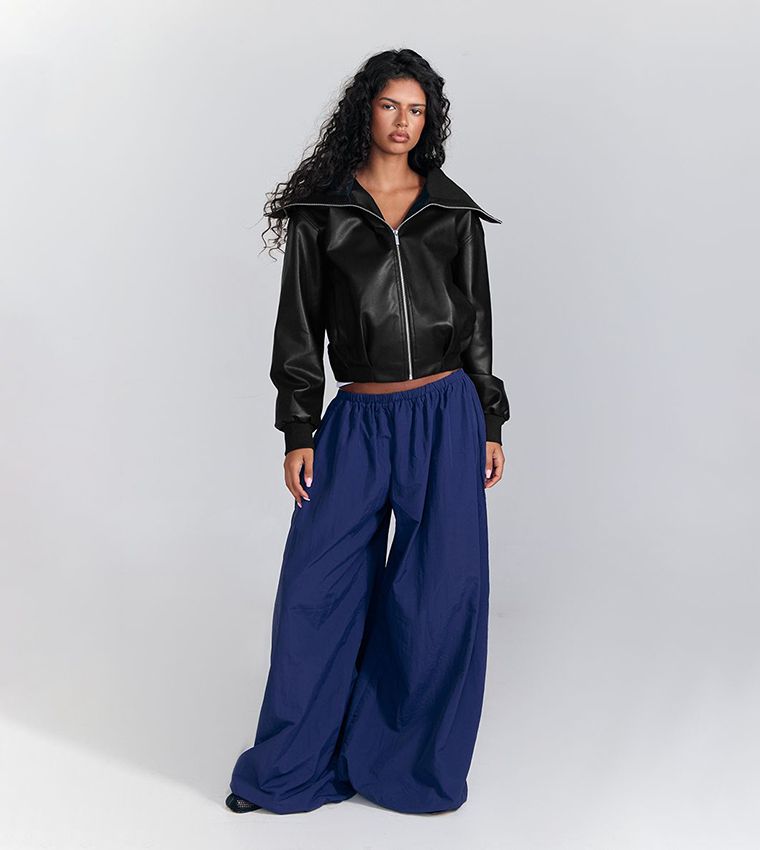 Textured Zip Through Collar Leather Jacket