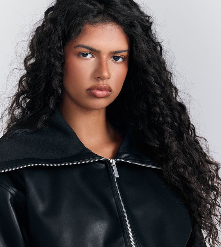 Textured Zip Through Collar Leather Jacket
