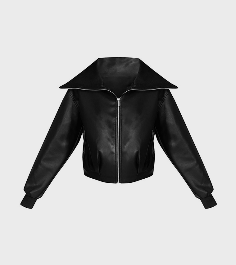 Textured Zip Through Collar Leather Jacket