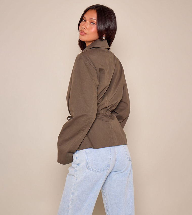 Solid Cinch Waist Collared Trenchcoat