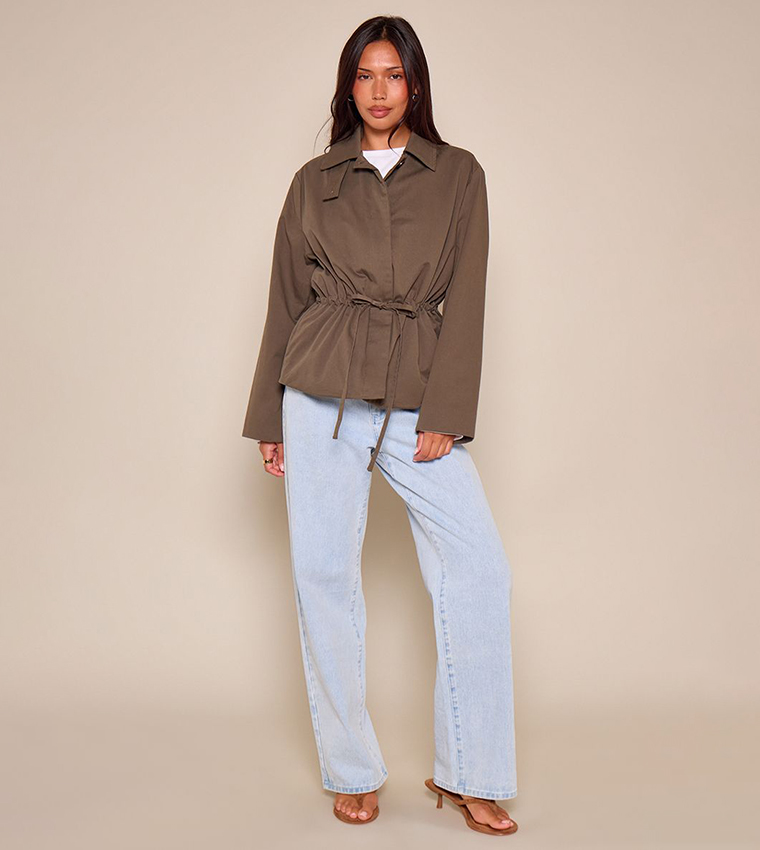 Solid Cinch Waist Collared Trenchcoat