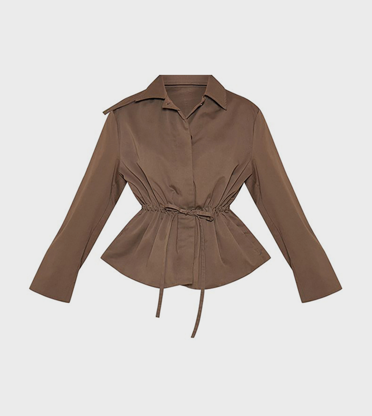 Solid Cinch Waist Collared Trenchcoat