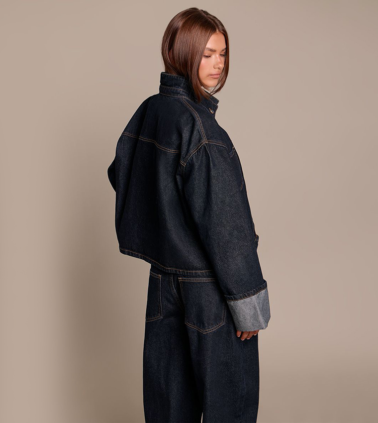Turn Back Cuff Cropped Denim Jacket
