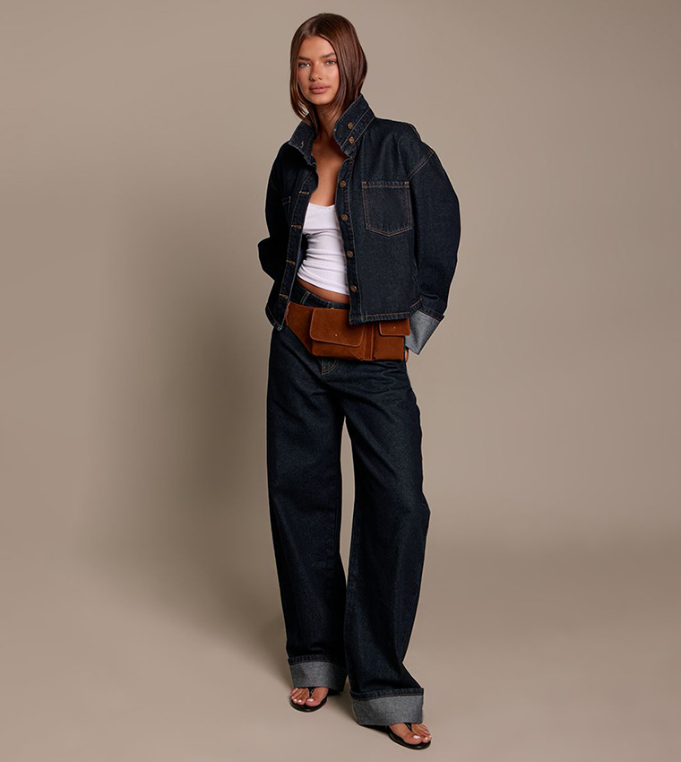 Turn Back Cuff Cropped Denim Jacket