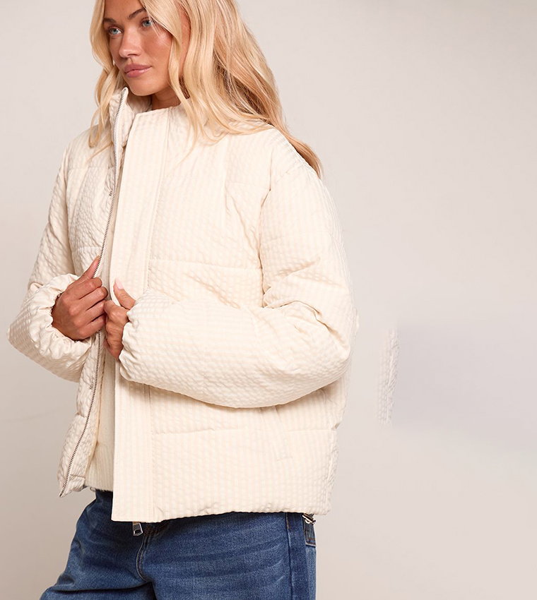 Printed Concealed Placket Funnel Jacket