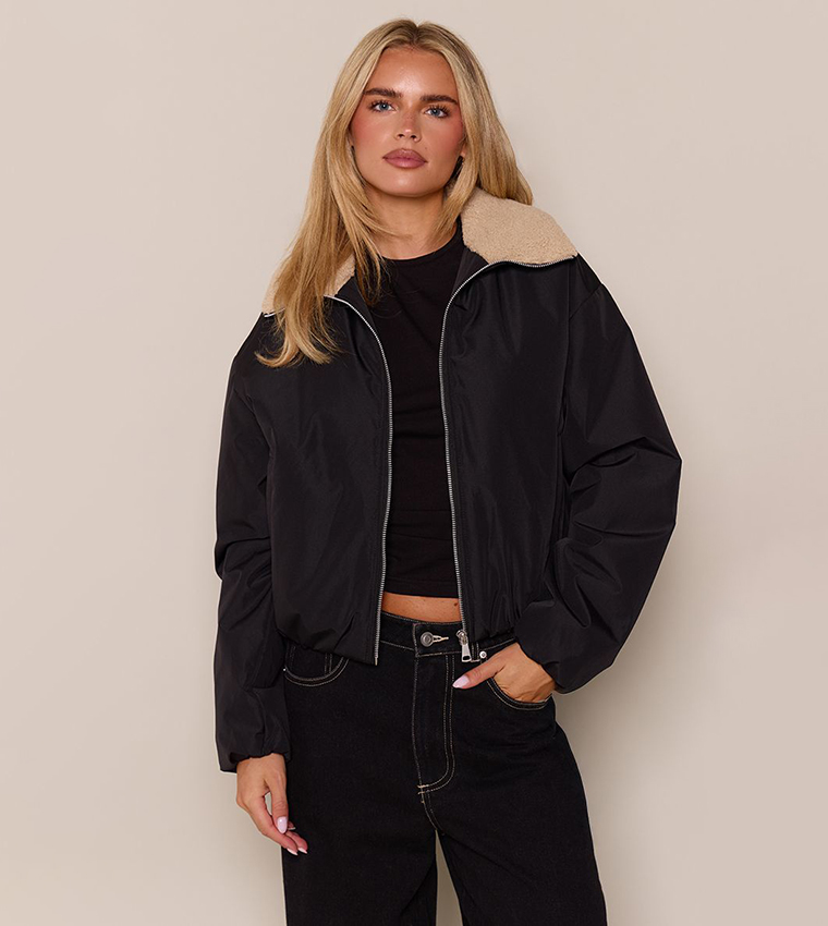 Petite Borg Collar Lining Shell Bomber Jacket