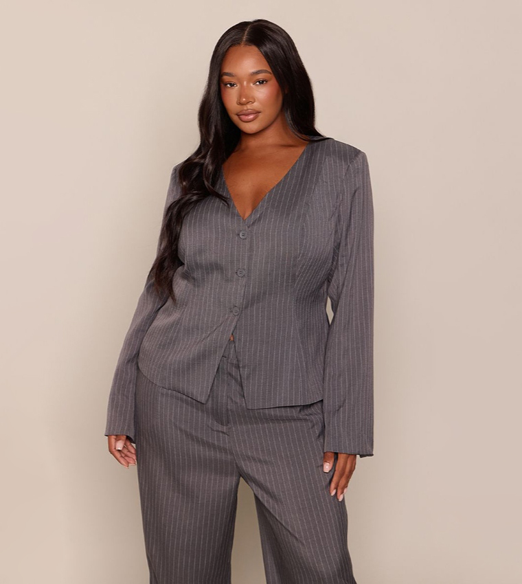 Curve Pinstripe Collarless Blazer