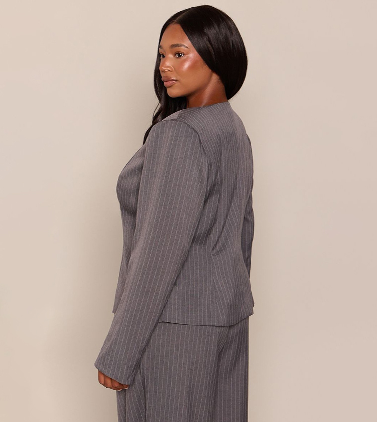 Curve Pinstripe Collarless Blazer