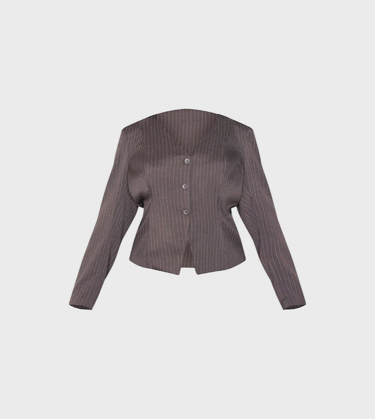 Curve Pinstripe Collarless Blazer