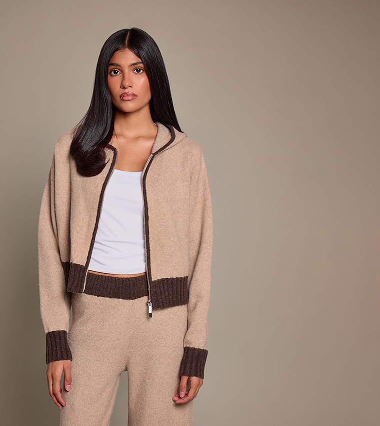 Contrast Panel Zip-Through Knitted Hooded Jacket