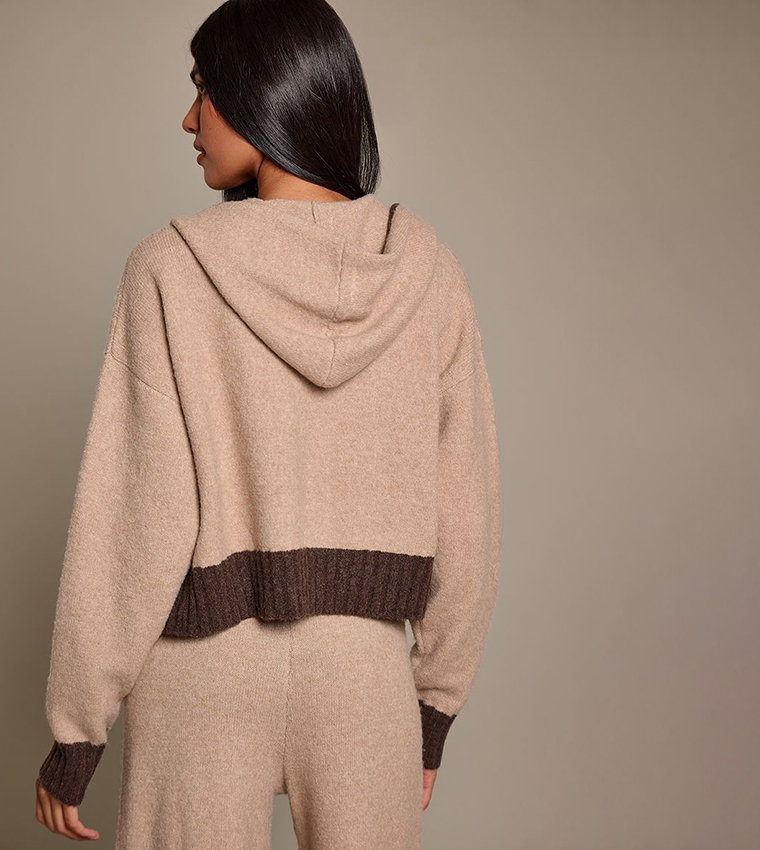 Contrast Panel Zip-Through Knitted Hooded Jacket