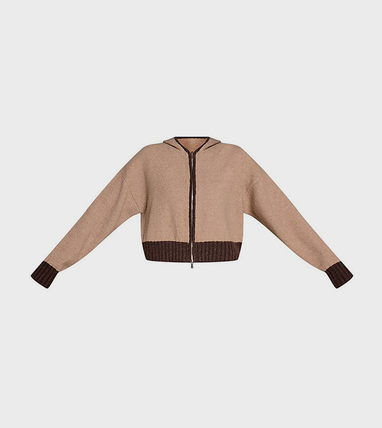 Contrast Panel Zip-Through Knitted Hooded Jacket