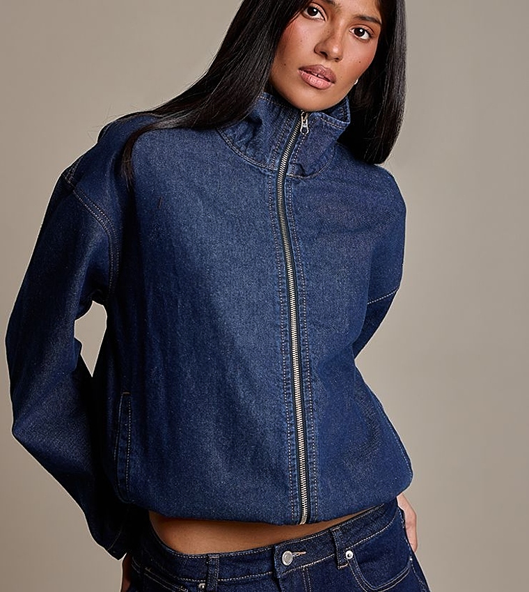 Funnel Neck Zip-Through Denim Shacket