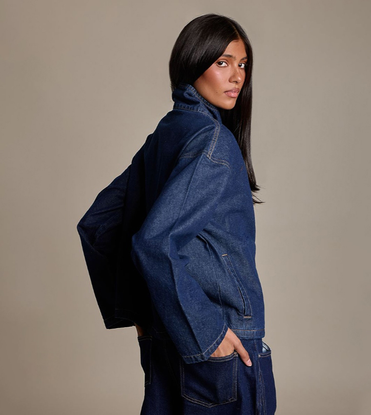 Funnel Neck Zip-Through Denim Shacket