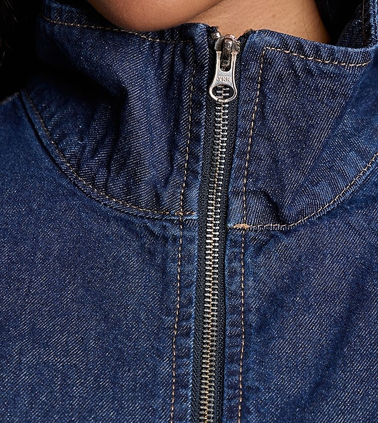 Funnel Neck Zip-Through Denim Shacket