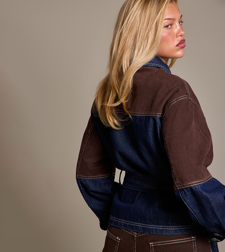 Contrast Panel Zip-Through Denim Jacket