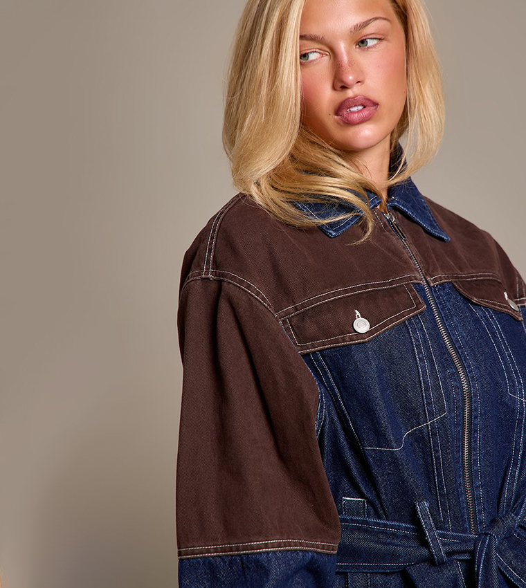 Contrast Panel Zip-Through Denim Jacket