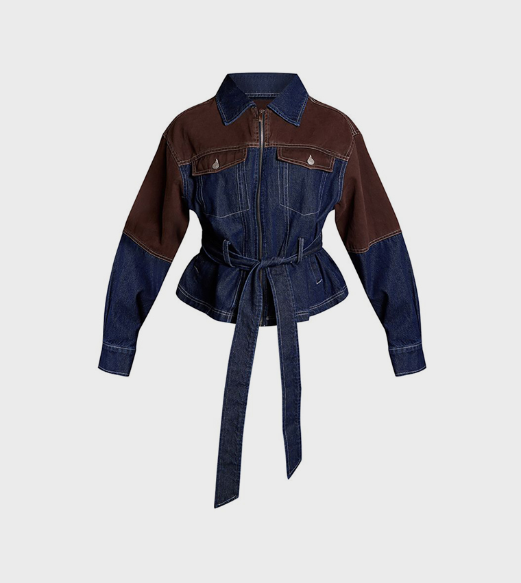 Contrast Panel Zip-Through Denim Jacket