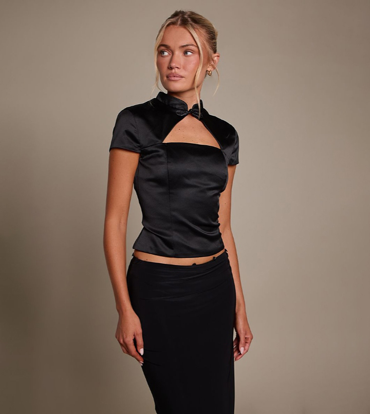 Solid Satin Short Sleeves Crop Top