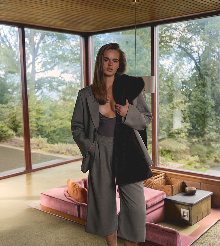Tailored Herringbone Oversized Blazer