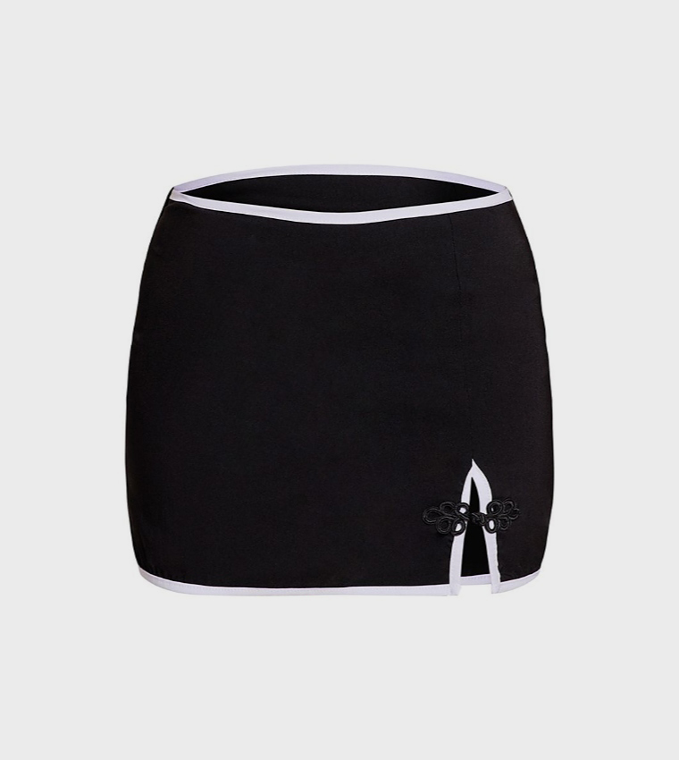 Stretch Woven Contrast Split Mini Skirt