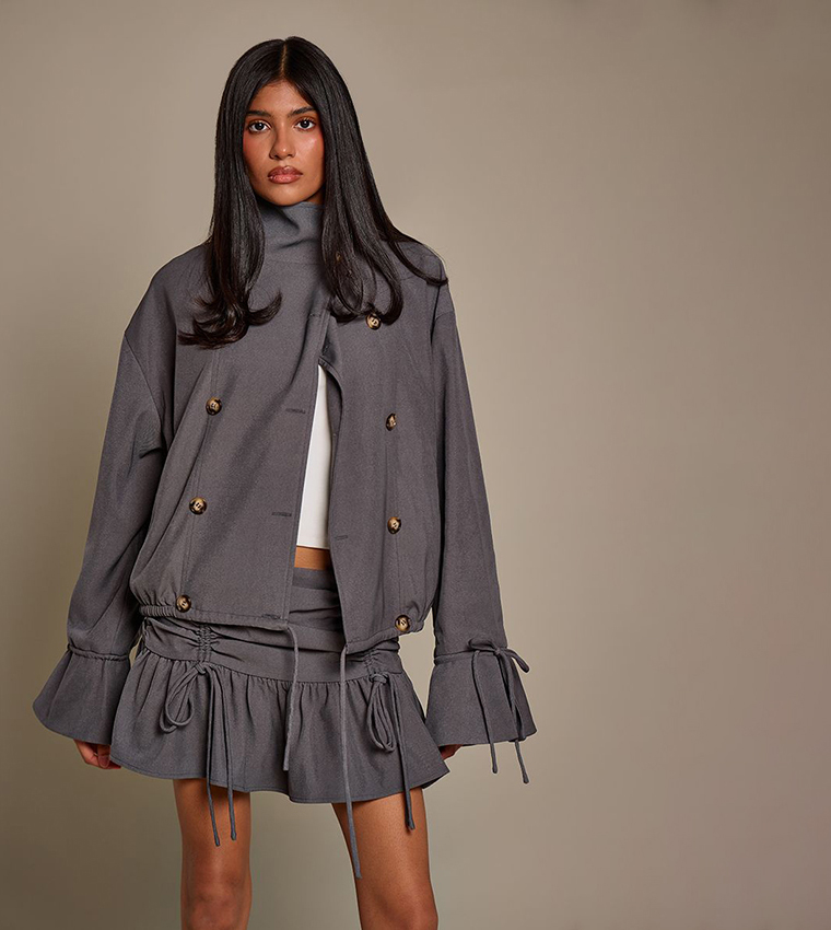Woven Double Breasted Funnel Neck Jacket