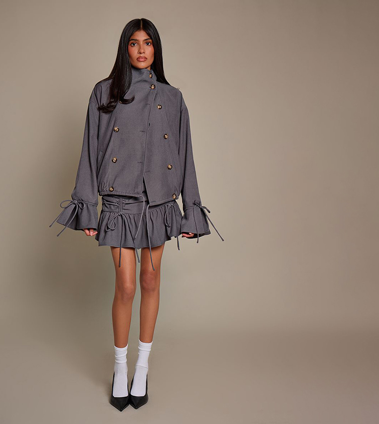Woven Double Breasted Funnel Neck Jacket